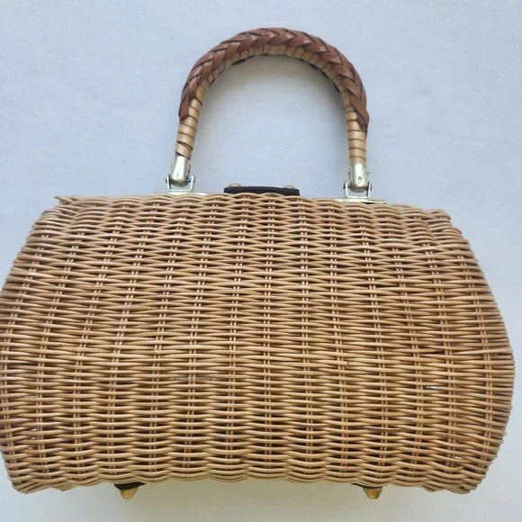 Vintage 1960's Woven Plastic Wicker Handbag Purse Leather Retro Cottagecore Cute - Picture 2 of 16
